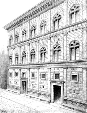 Fassade des Palazzo Rucellai, der insgesamt vier verschiedene Gesimsbänder aufweist. Von unten nach oben sind dies 1. Sockelgesims auf halber Höhe der Türen, als Abschluss der ersten Säule ein Gurtgesims, darüber - unterhalb der Fenster ein Fensterbankgesims. Gurtgesims und Fensterbankgesims wiederholen sich zwischen zweitem und drittem Stockwerk. Unterhalb des Daches befindet sich das Dachgesims, das auch als Hauptgesims bezeichnet wird